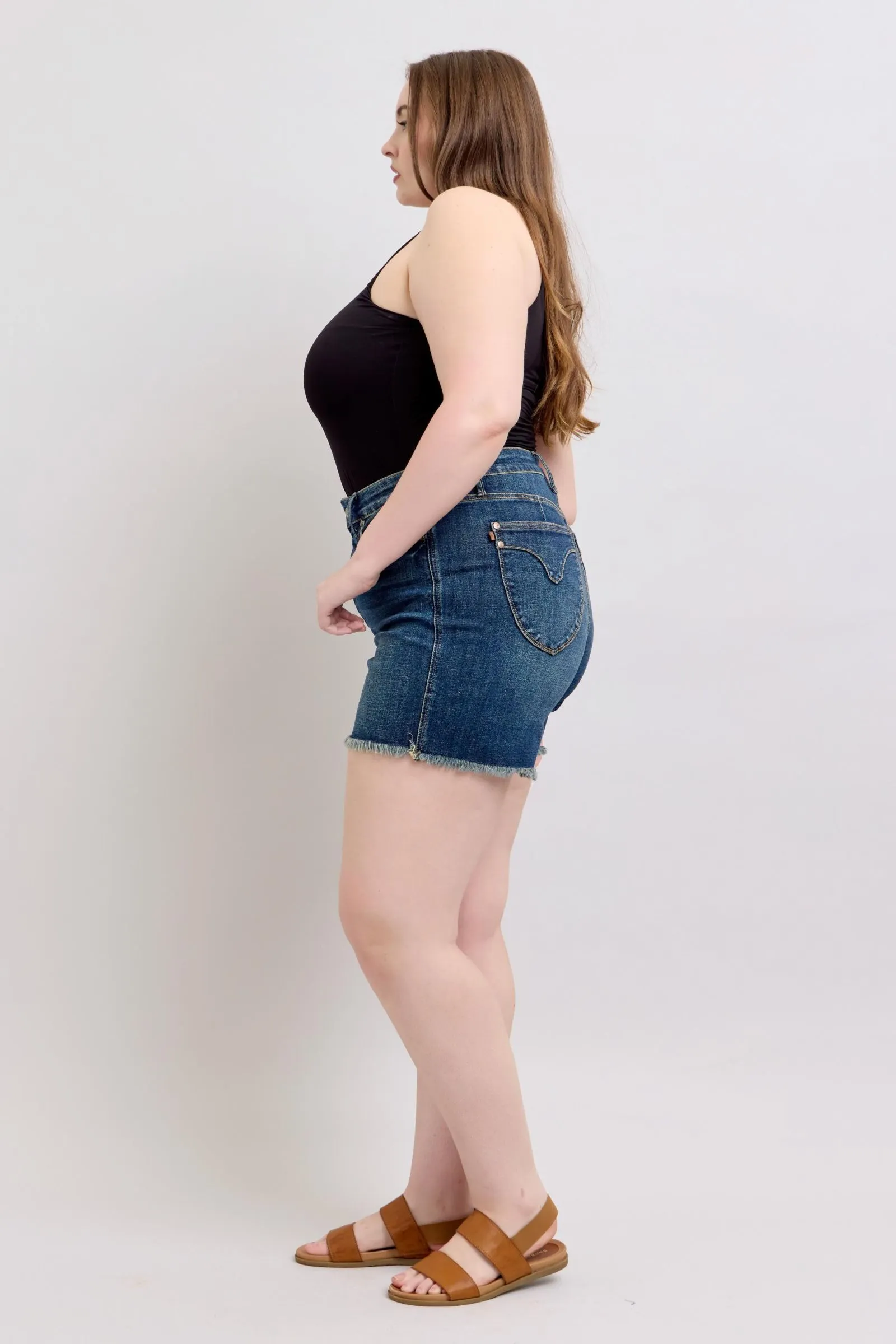 Hazel Blues® |  Judy Blue Tummy Control Fray Hem & Shield Back Pockets Denim Shorts