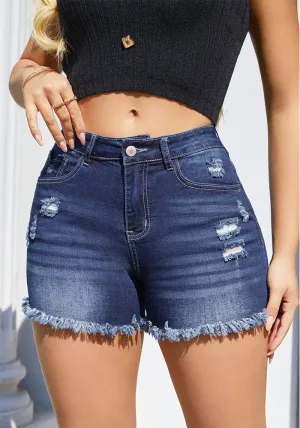 High-Waisted Distressed Denim Shorts with Frayed Hem for Casual Chic
