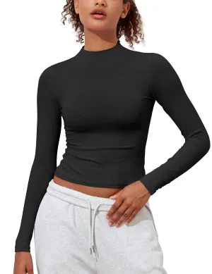 Hilor Womens Black Cotton T-Shirts Long Sleeve Crop Going Out Tops Tight Fitted Tees Y2K Mock Turtleneck T Shirts L/US10-12