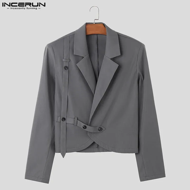 INCERUN Tops 2023 Korean Style New Mens Shoulder Pads Solid Cropped Blazer Casual Fashion Hot Sale Long Sleeved Suit Coats S-5XL
