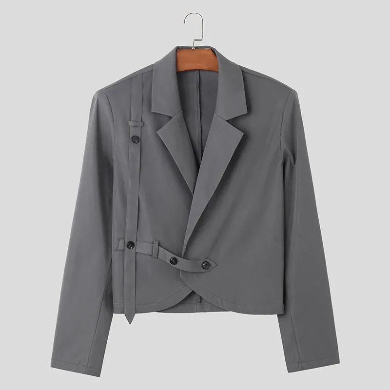 INCERUN Tops 2023 Korean Style New Mens Shoulder Pads Solid Cropped Blazer Casual Fashion Hot Sale Long Sleeved Suit Coats S-5XL