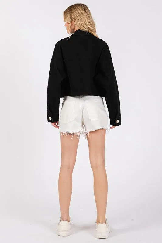 Jean Girl Button Down Cropped Denim Jacket with Patch Pockets | Bytos