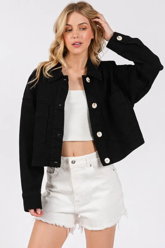 Jean Girl Button Down Cropped Denim Jacket with Patch Pockets | Bytos