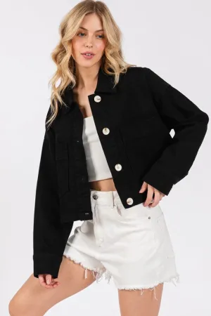 Jean Girl Button Down Cropped Denim Jacket with Patch Pockets | Bytos