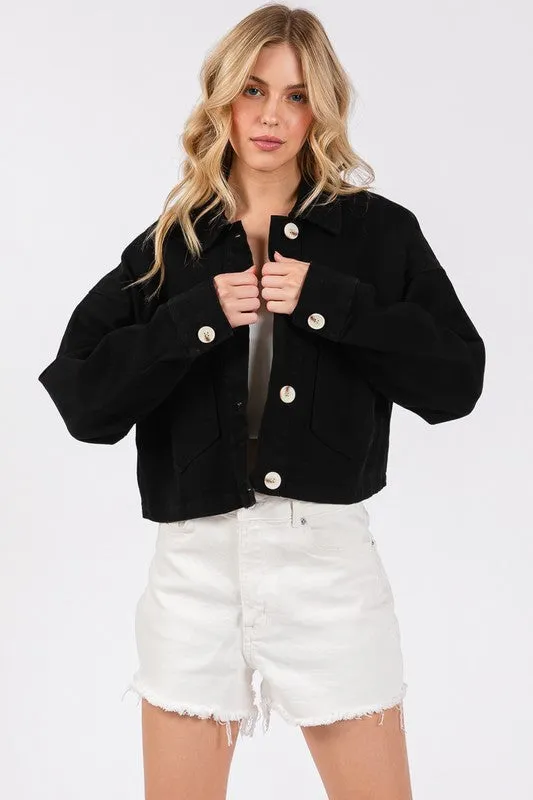 Jean Girl Button Down Cropped Denim Jacket with Patch Pockets | Bytos