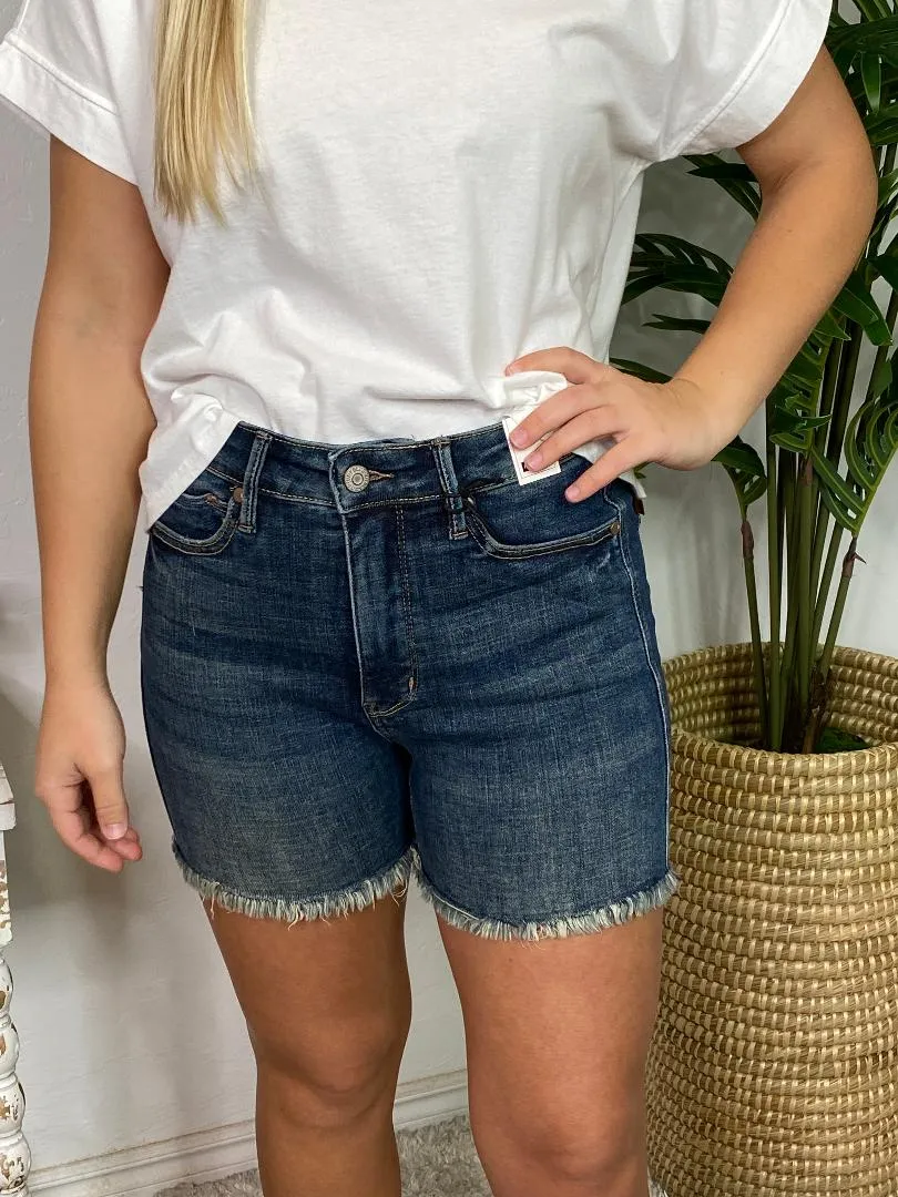 Judy Blue High Waist Tummy Control Fray Hem Short with Shield Back Pocket