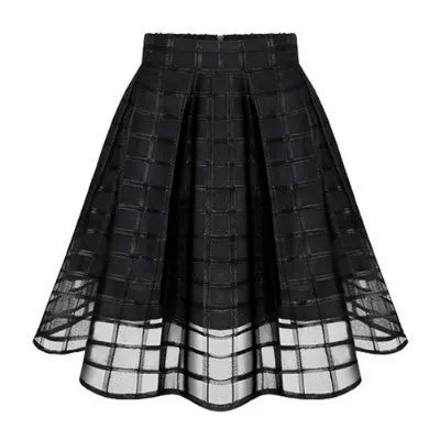 Knee-Length Women Skirt Tulle Skirts Womens High Waist Pleated Midi Skirts Organza Saia Feminino Tutu Skirt White/Black