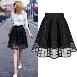 Knee-Length Women Skirt Tulle Skirts Womens High Waist Pleated Midi Skirts Organza Saia Feminino Tutu Skirt White/Black