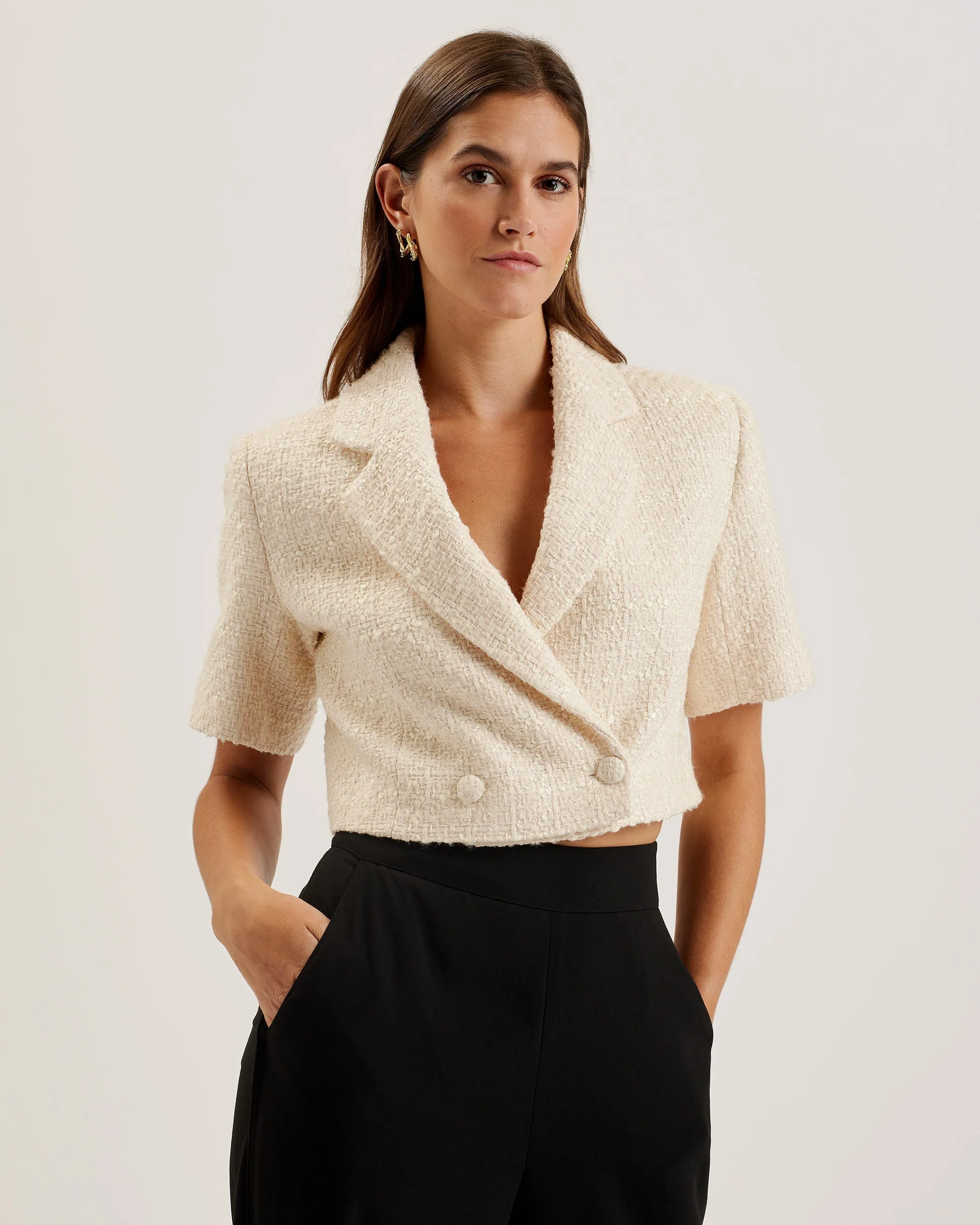 Komac Short-Sleeve Cropped Boucle Blazer Ivory