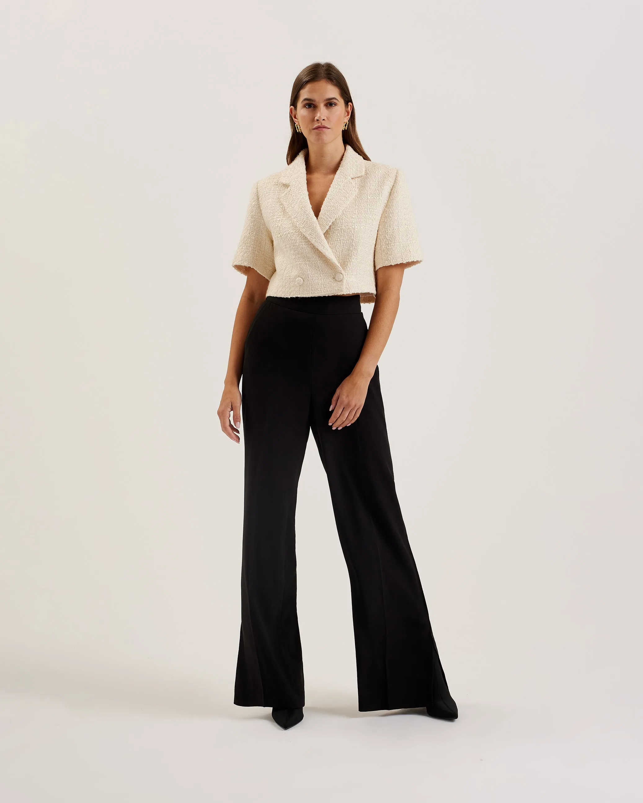 Komac Short-Sleeve Cropped Boucle Blazer Ivory