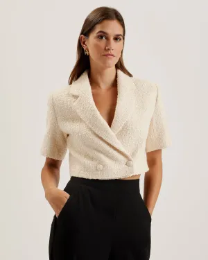 Komac Short-Sleeve Cropped Boucle Blazer Ivory