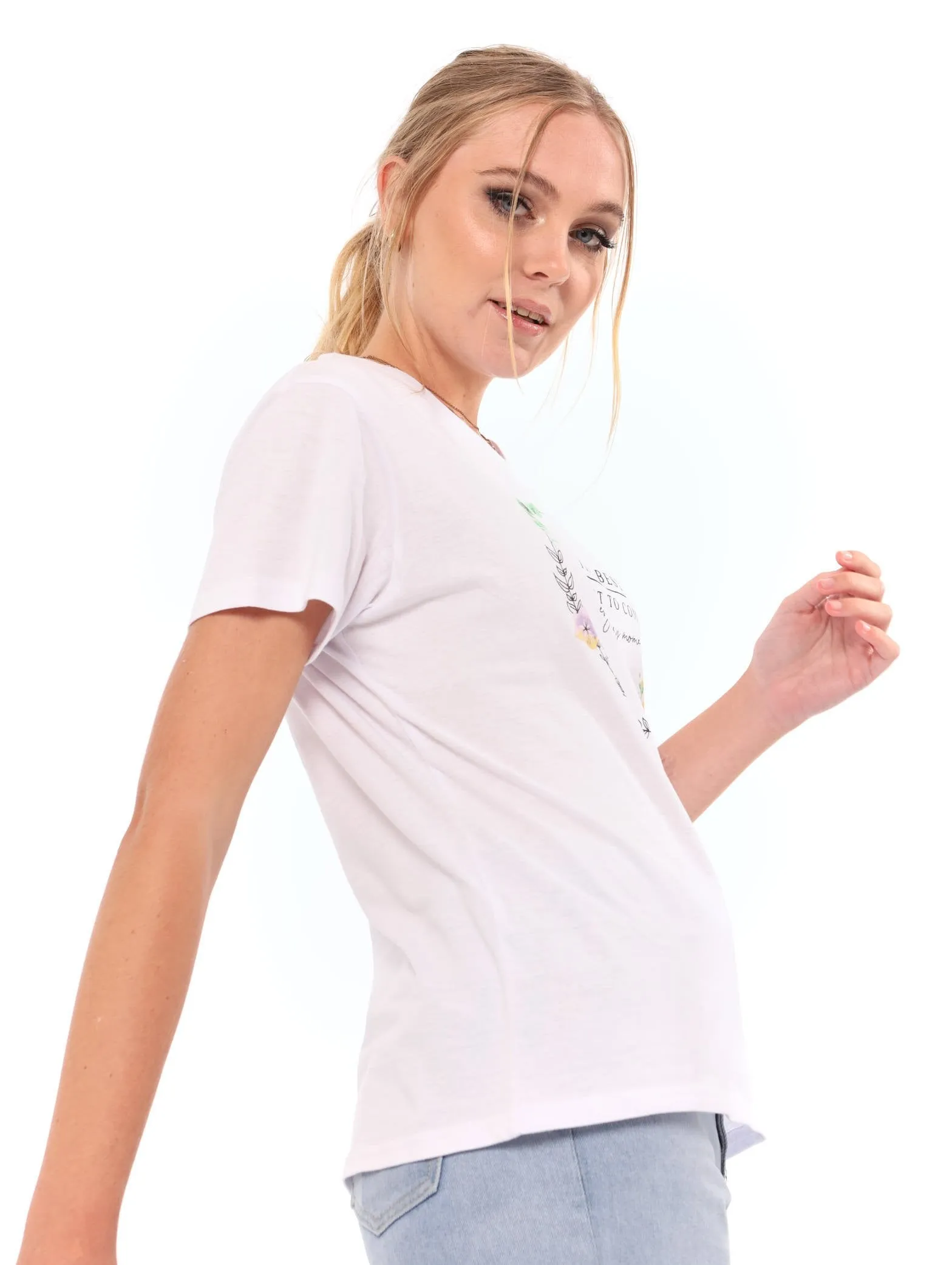 Ladies Fitted Floral Wreath Tee - White