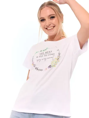 Ladies Fitted Floral Wreath Tee - White