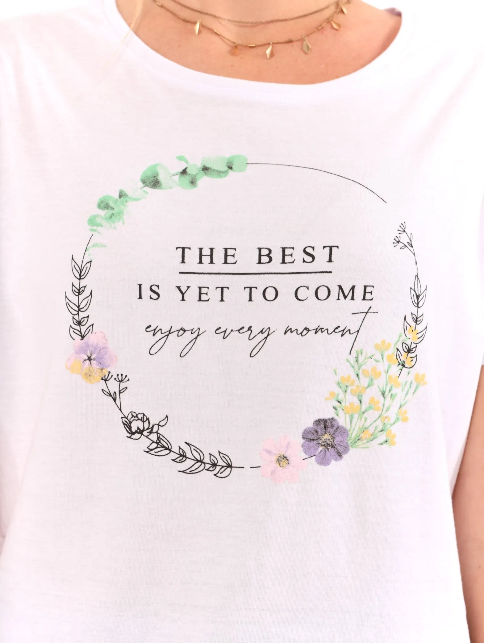Ladies Fitted Floral Wreath Tee - White