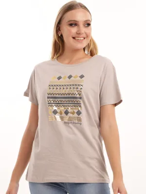 Ladies Fitted Geometric Tee - Light Stone