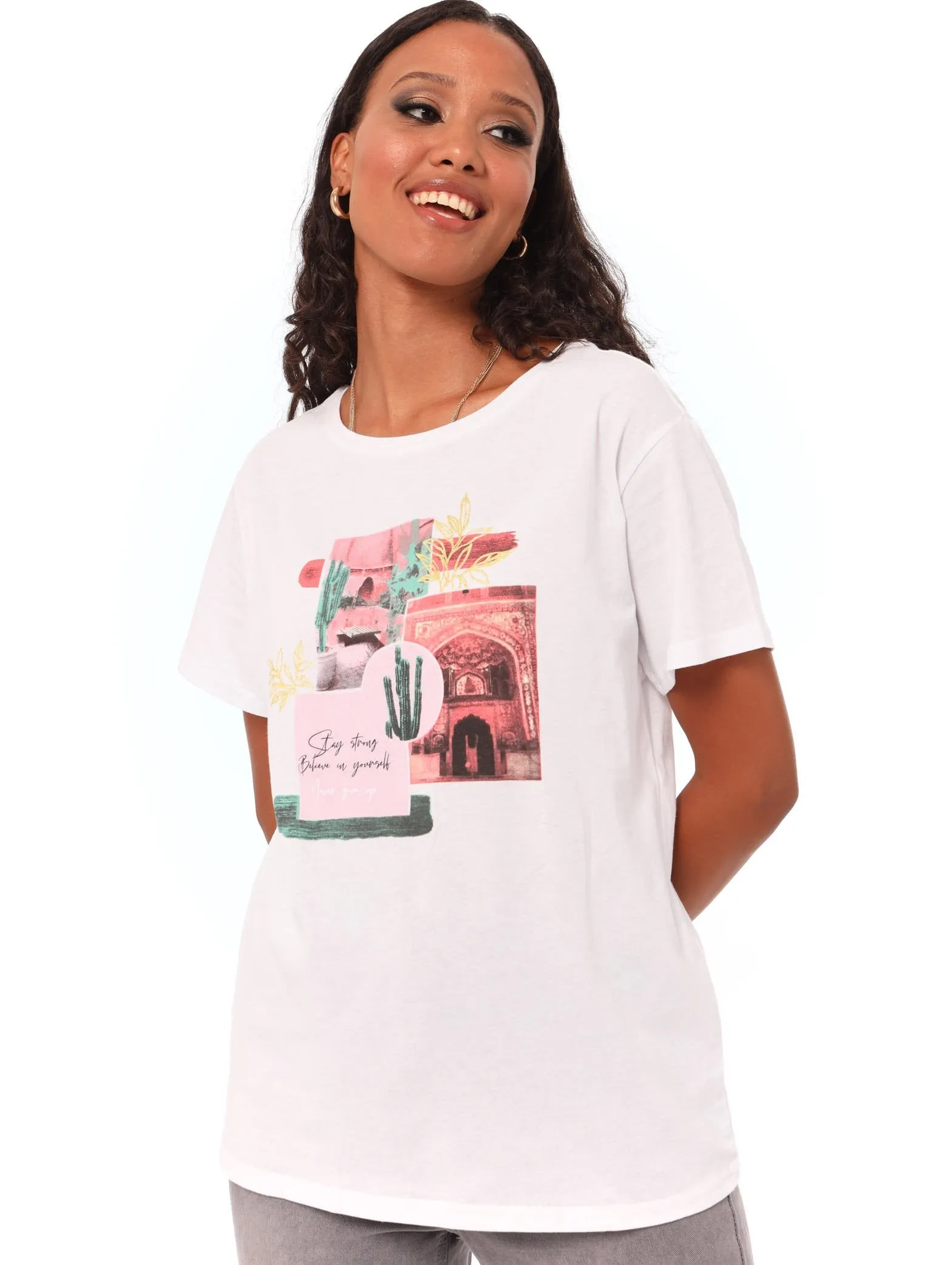 Ladies Fitted Photo Stay Strong Tee - White