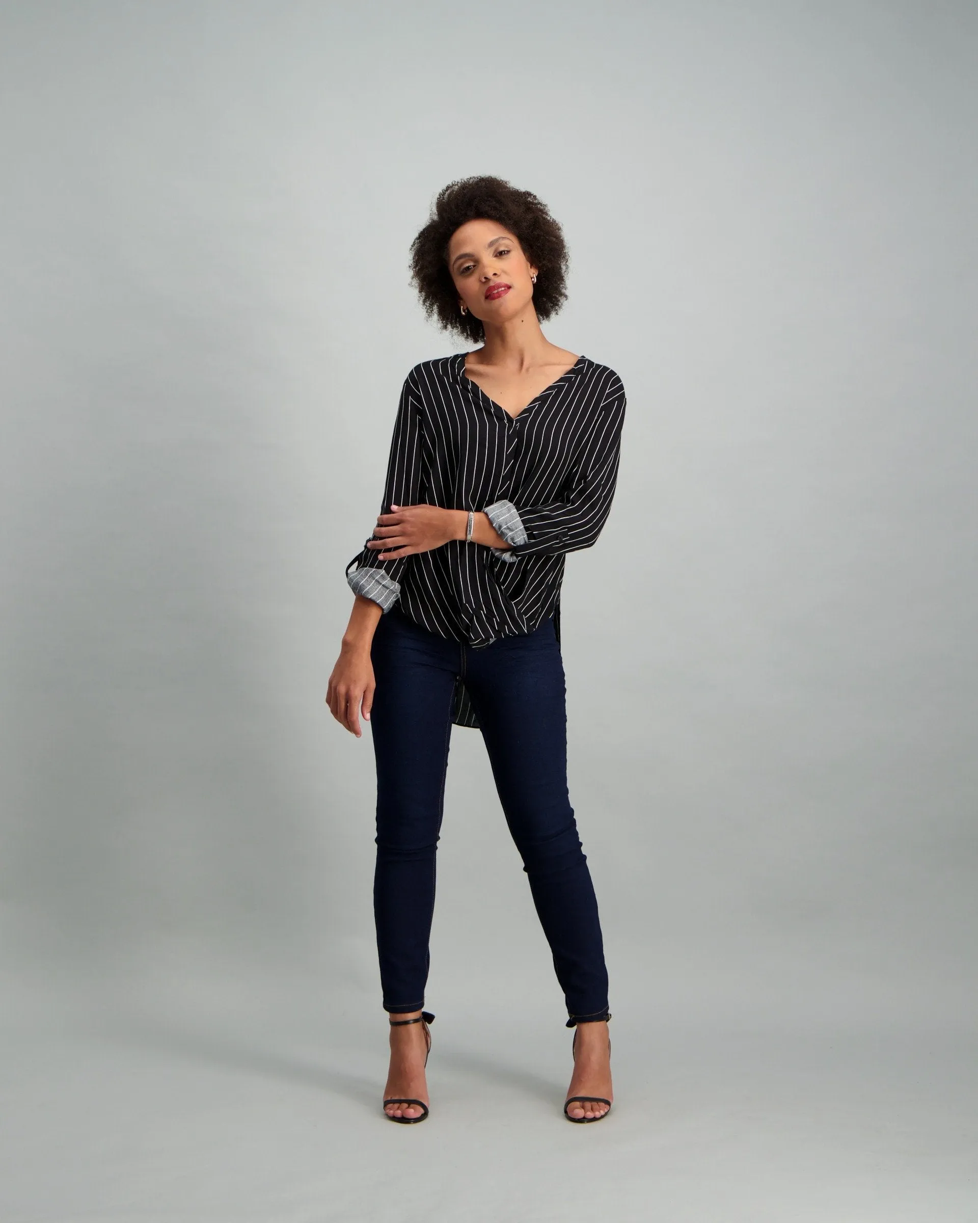 Ladies Strip Knot Shirt Blouse - Black/White