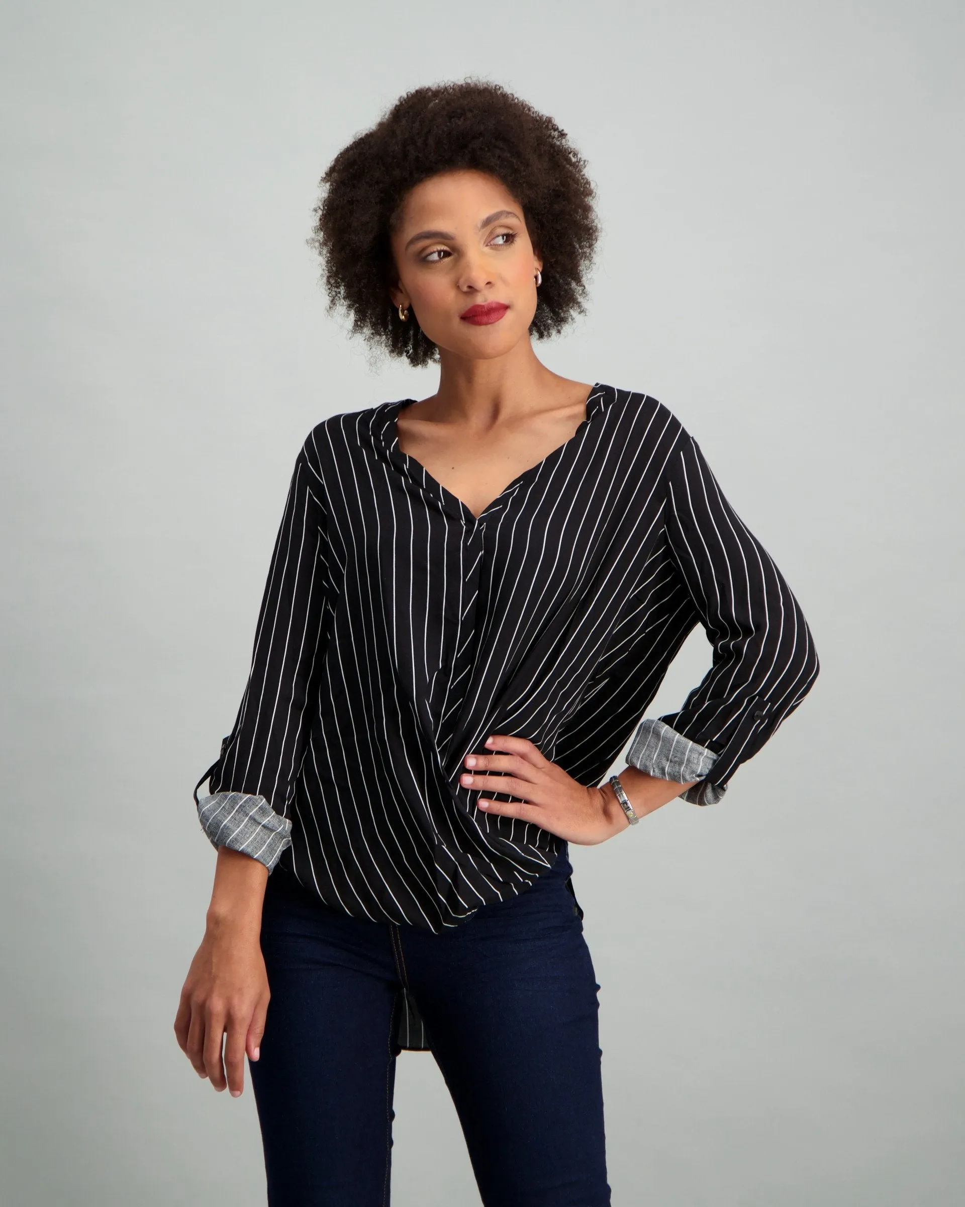 Ladies Strip Knot Shirt Blouse - Black/White