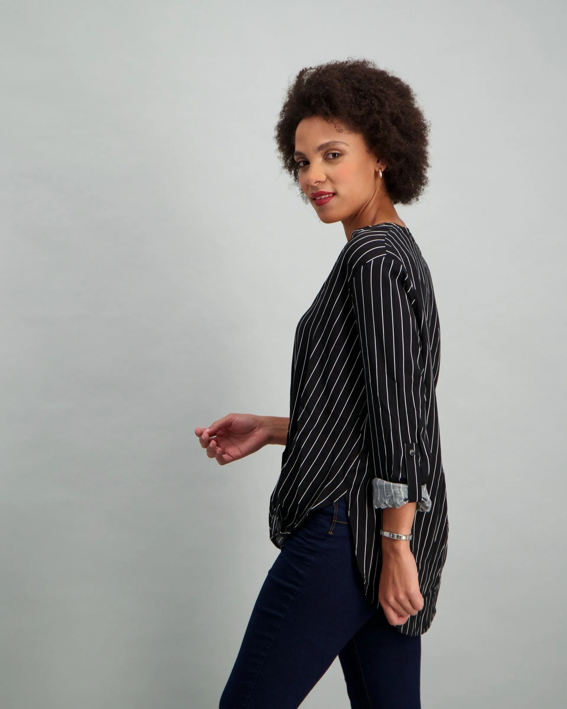 Ladies Strip Knot Shirt Blouse - Black/White