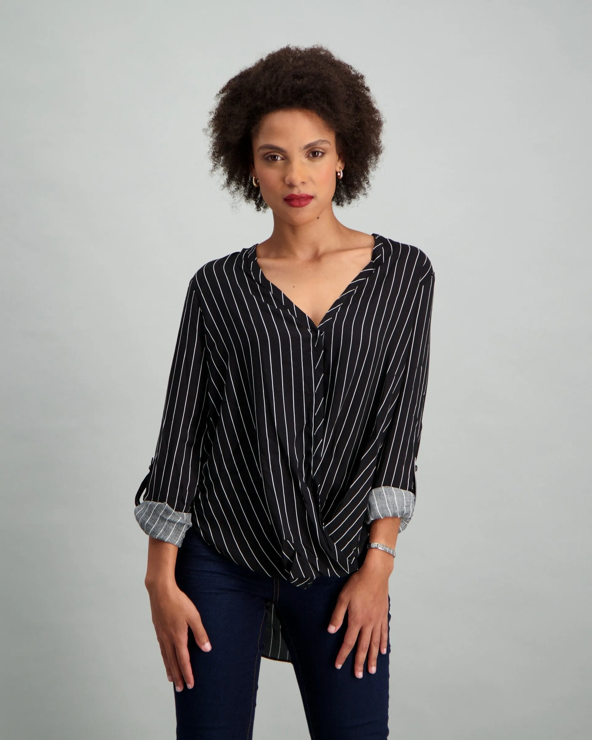Ladies Strip Knot Shirt Blouse - Black/White
