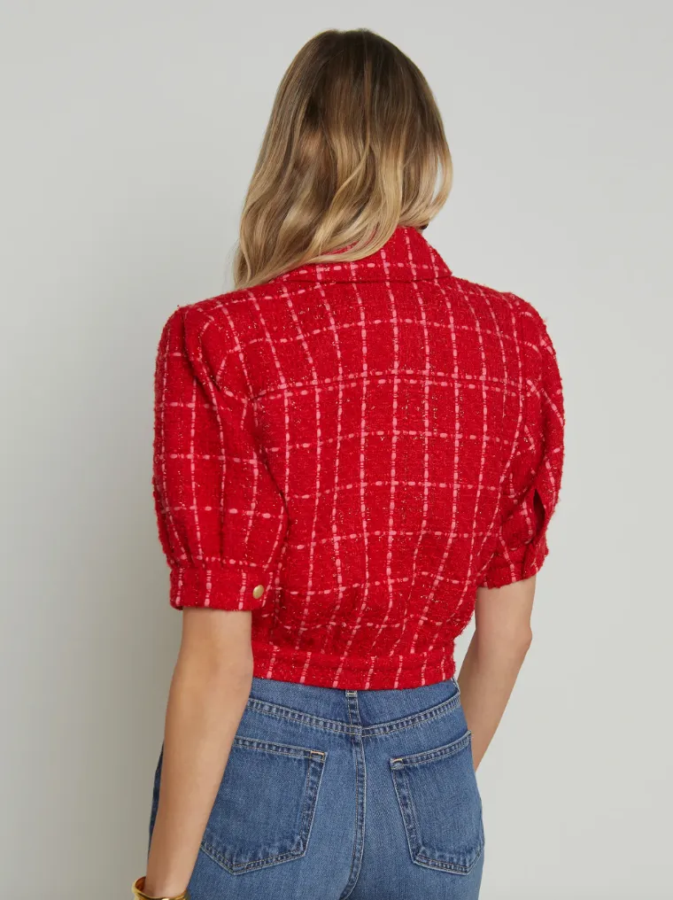 L'Agence - Cove Cropped Tweed Jacket - Red/Pink Plaid