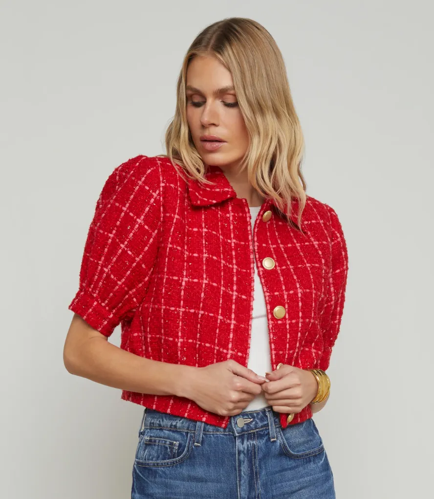 L'Agence - Cove Cropped Tweed Jacket - Red/Pink Plaid