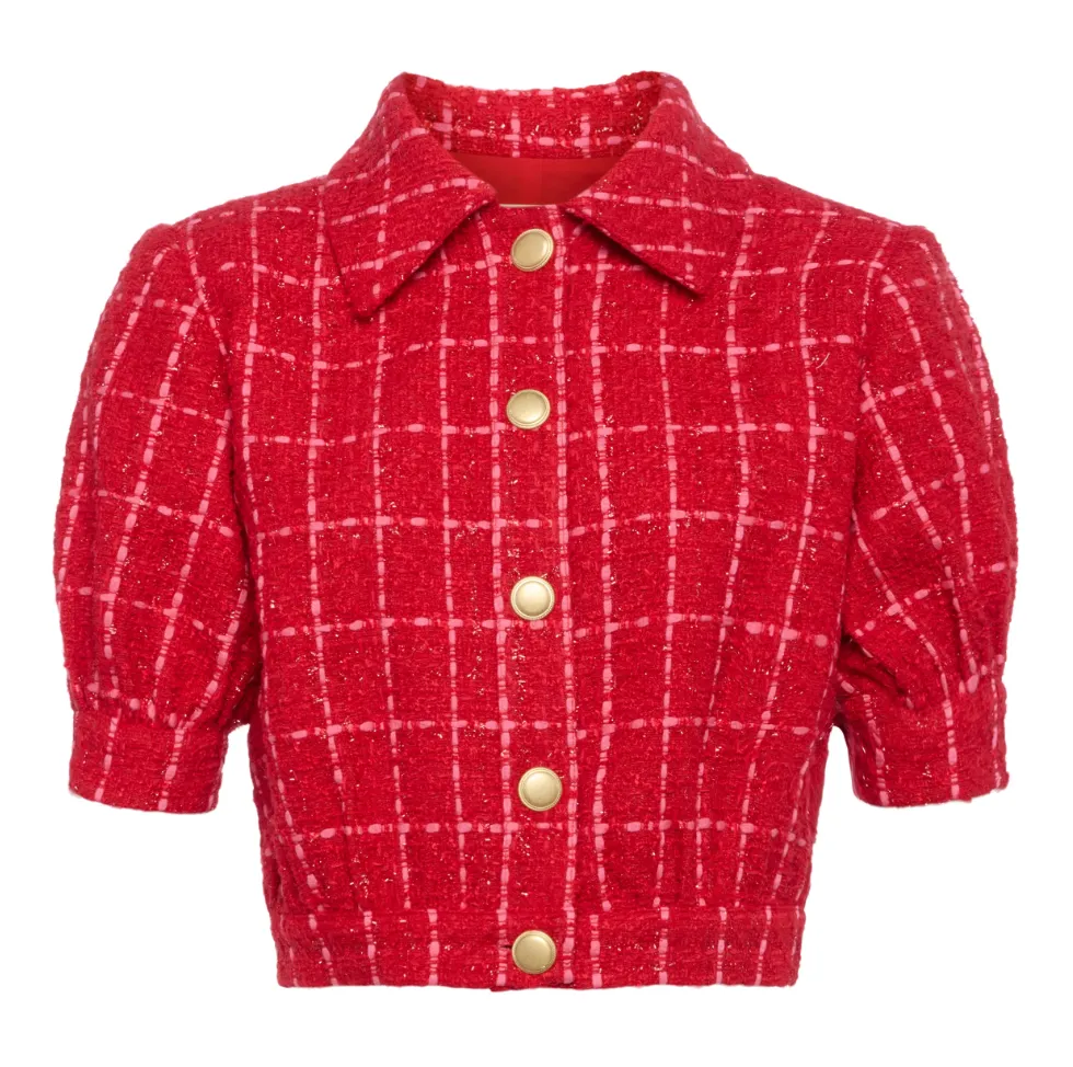 L'Agence - Cove Cropped Tweed Jacket - Red/Pink Plaid