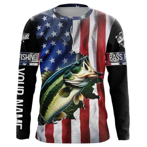 Largemouth Bass fishing American Flag Patriotic Customize name fishing long sleeve shirts NPQ267