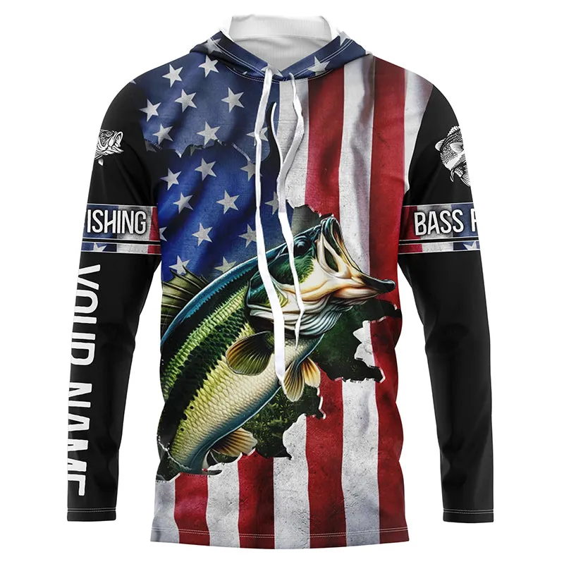 Largemouth Bass fishing American Flag Patriotic Customize name fishing long sleeve shirts NPQ267
