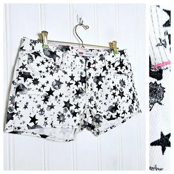 Levi's Denim Shorty Shorts Womens Size 11 White Black Stars Neon Pink Trim