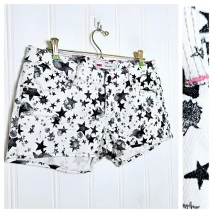 Levi's Denim Shorty Shorts Womens Size 11 White Black Stars Neon Pink Trim