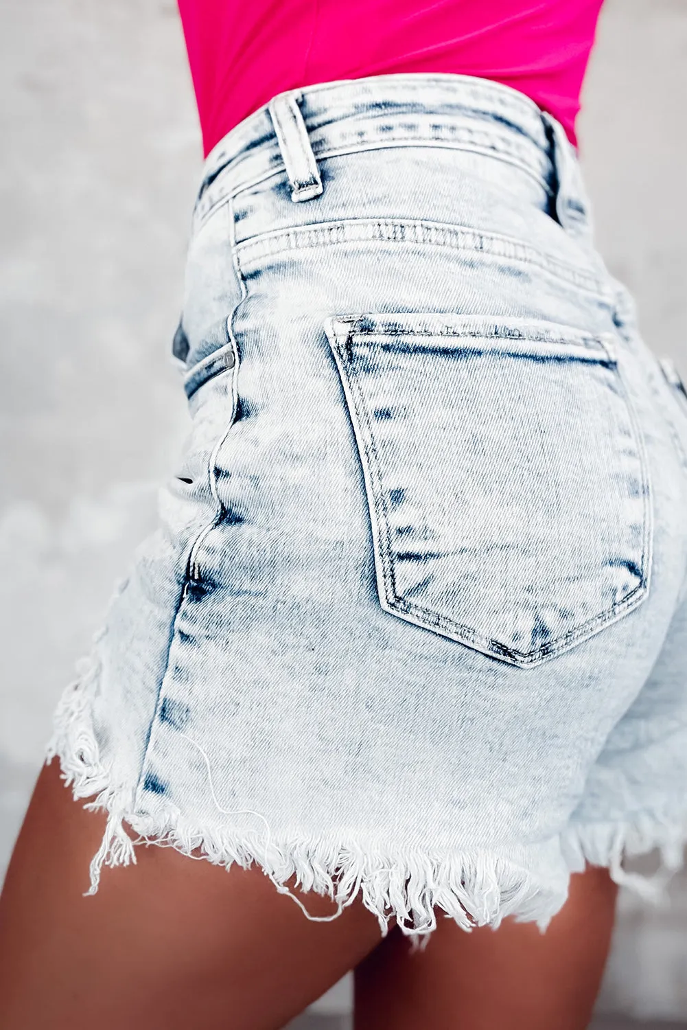 Light Blue Acid Wash Crossed Raw Edge Denim Shorts