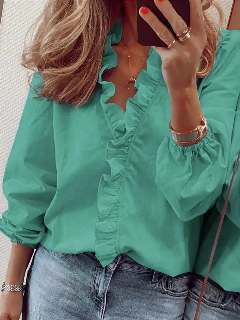 Long-sleeved Lauren V-neck casual blouse