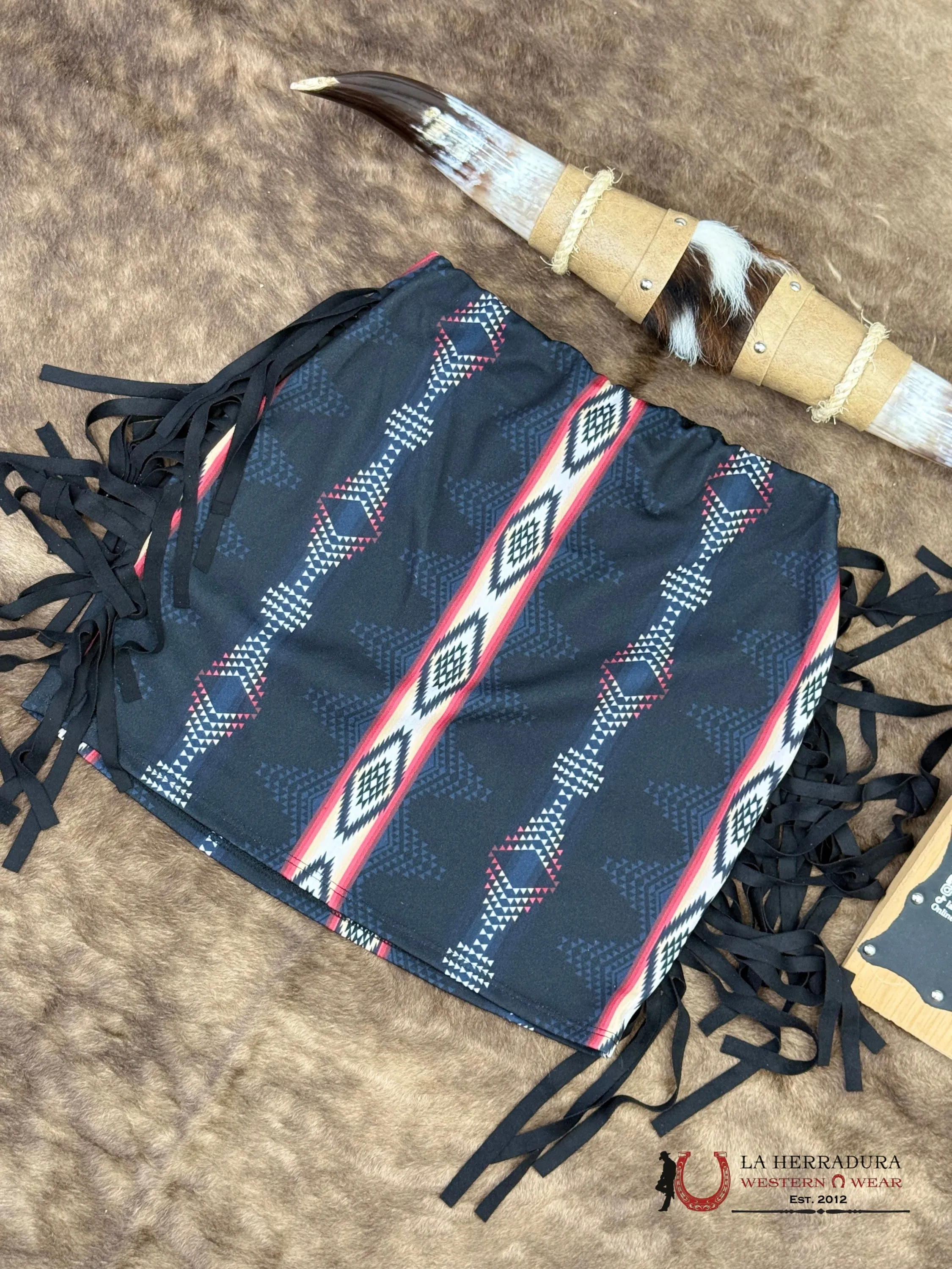 Lucky And Bleesed Black With Multi Color Aztec Print With Fringe Sk