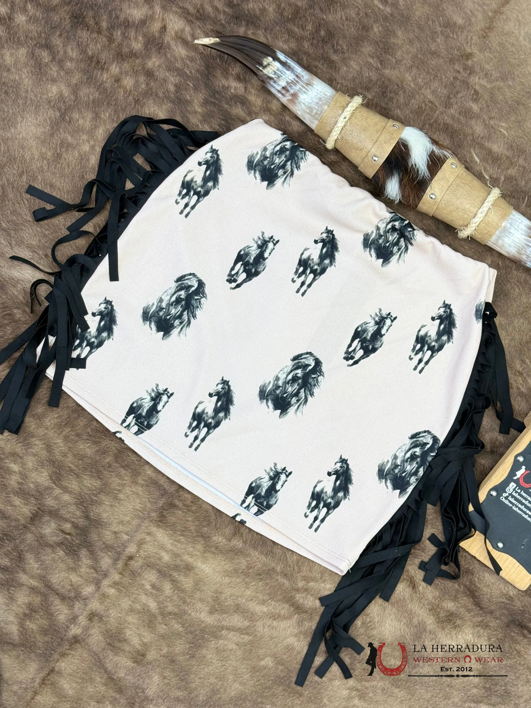 Lucky And Bleesed Brown With Horse Print With Fringe Skirt