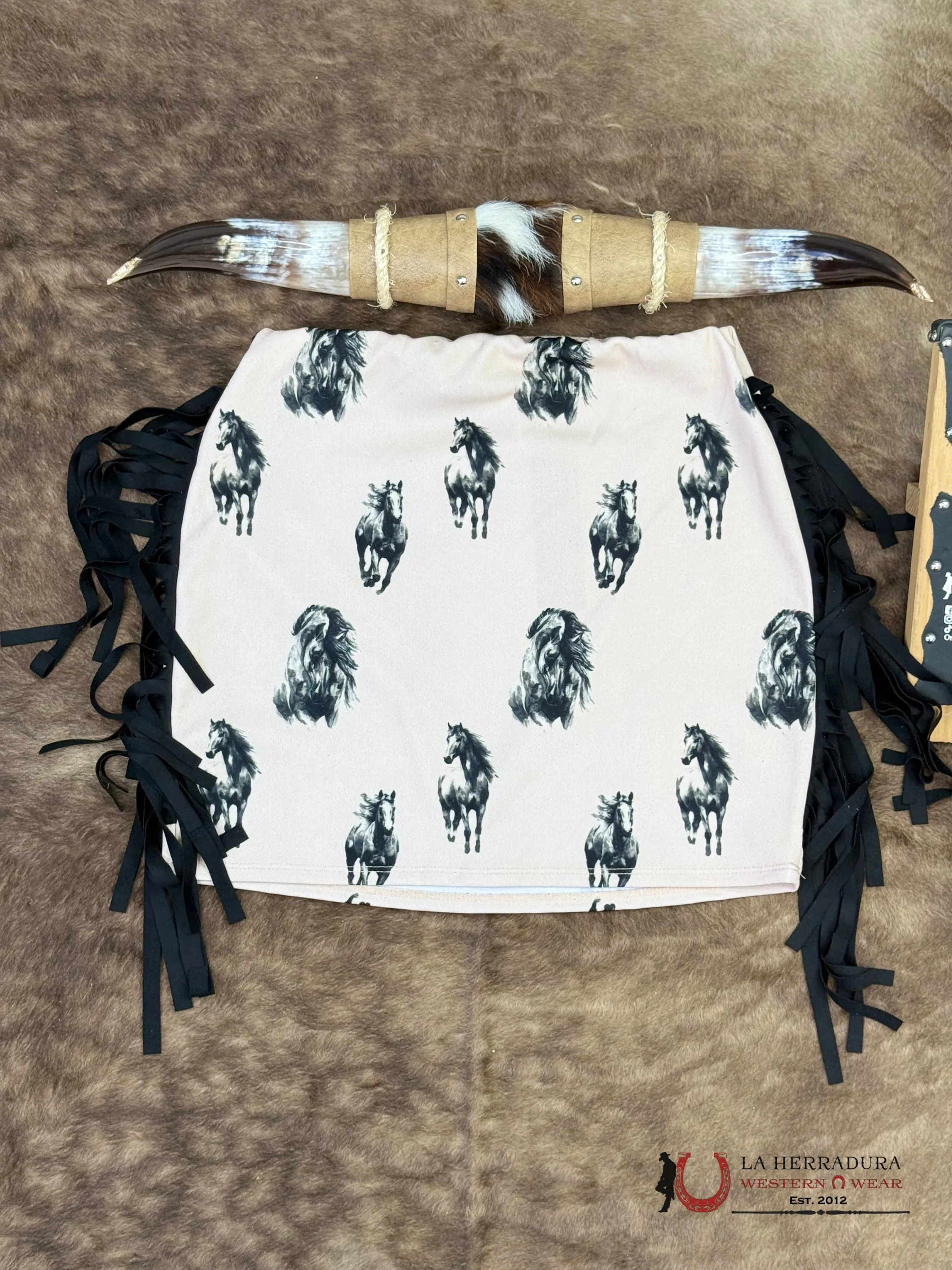 Lucky And Bleesed Brown With Horse Print With Fringe Skirt