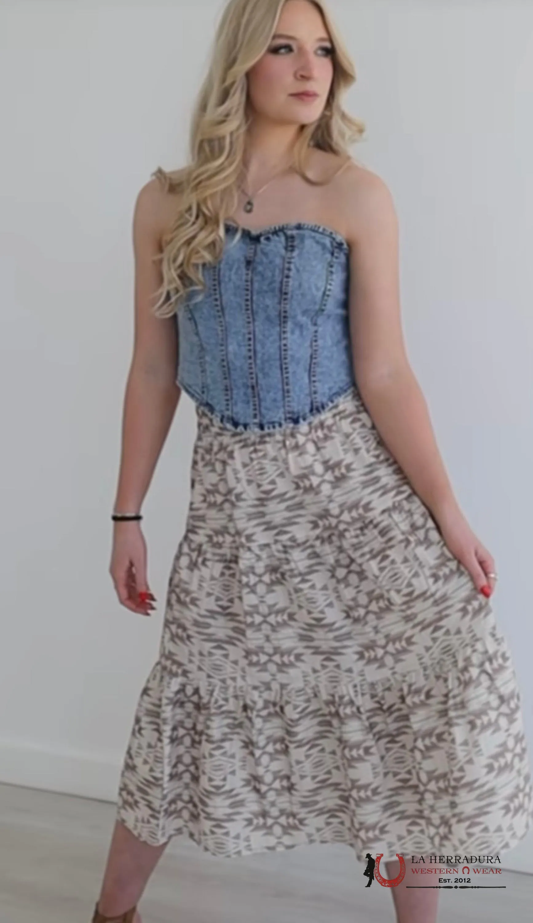 Lucky And Blessed Long Light Brown Skirt With Aztec Print