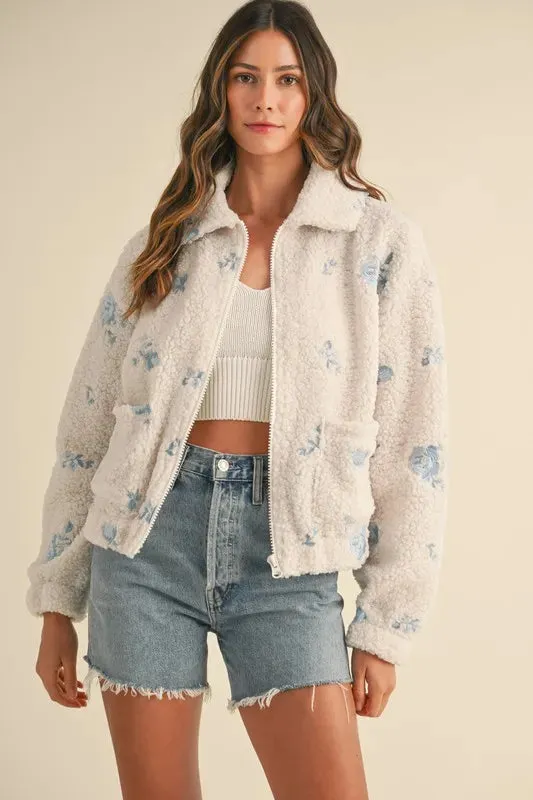 MABLE Floral Embroidered Fleece Teddy Jacket
