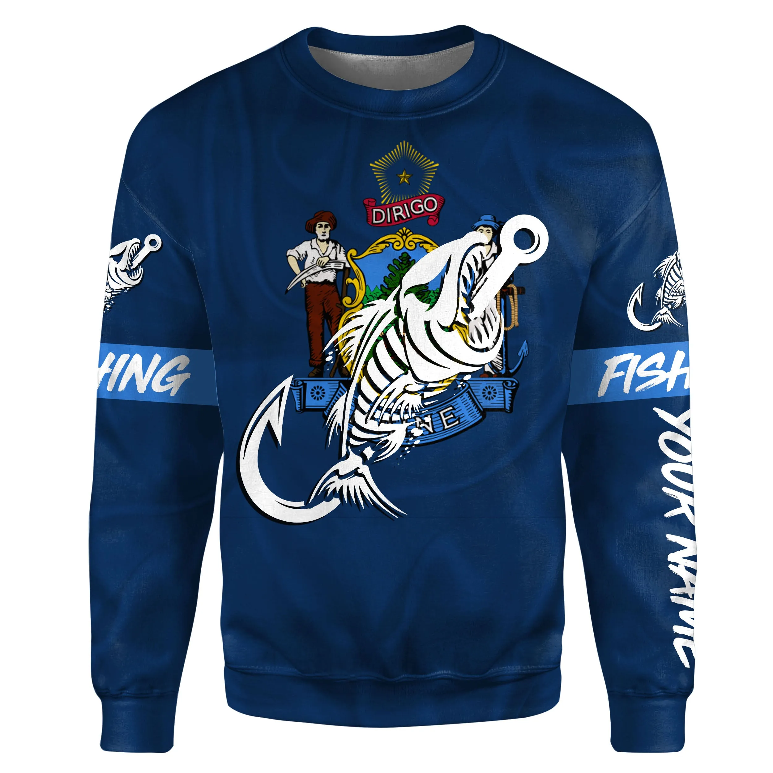 ME Maine Fishing Flag Fish hook skull Custom name fishing jerseys | Sweatshirt - NPQ730