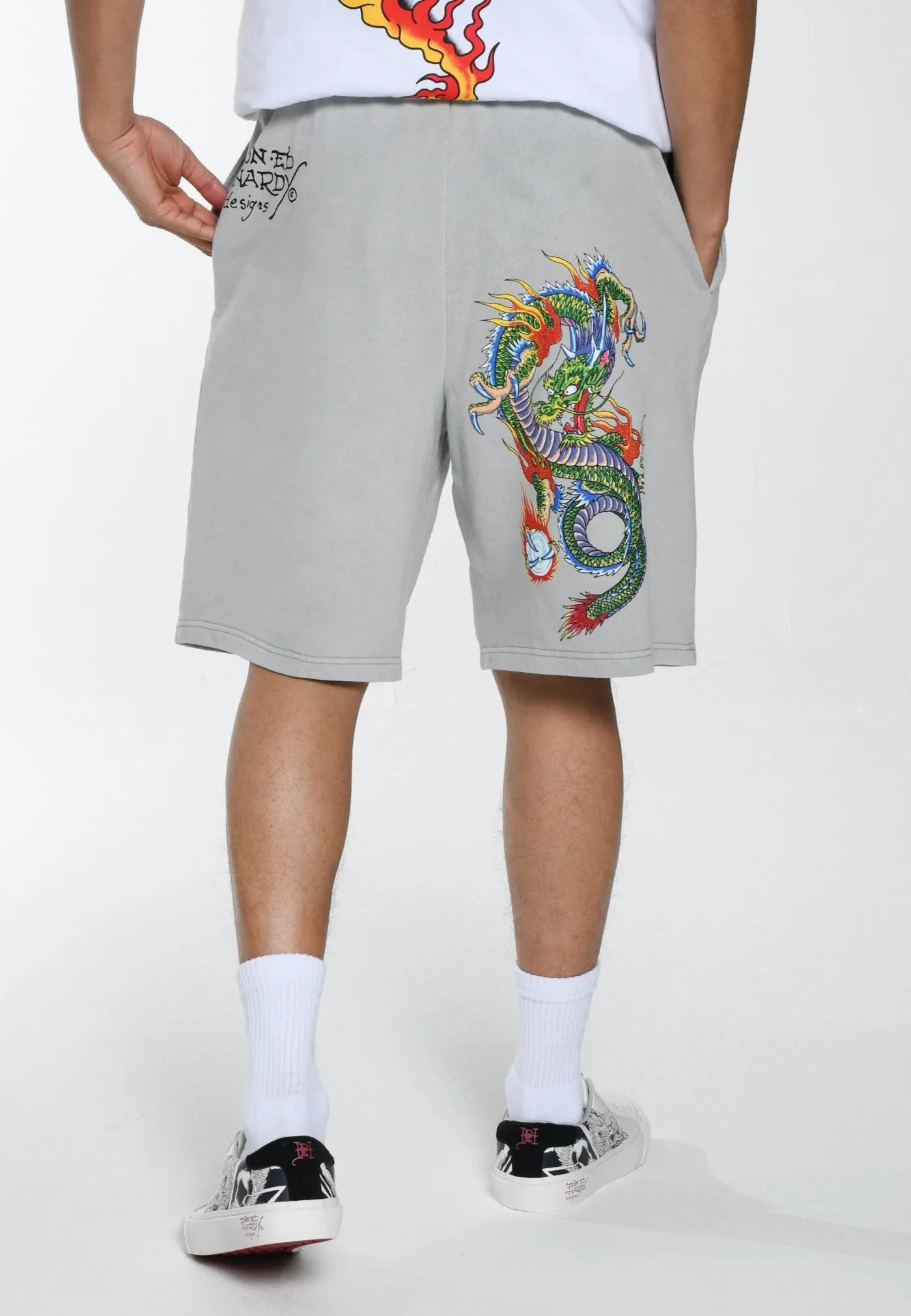 Mens Fireball Dragon Sweat Shorts - Washed Grey