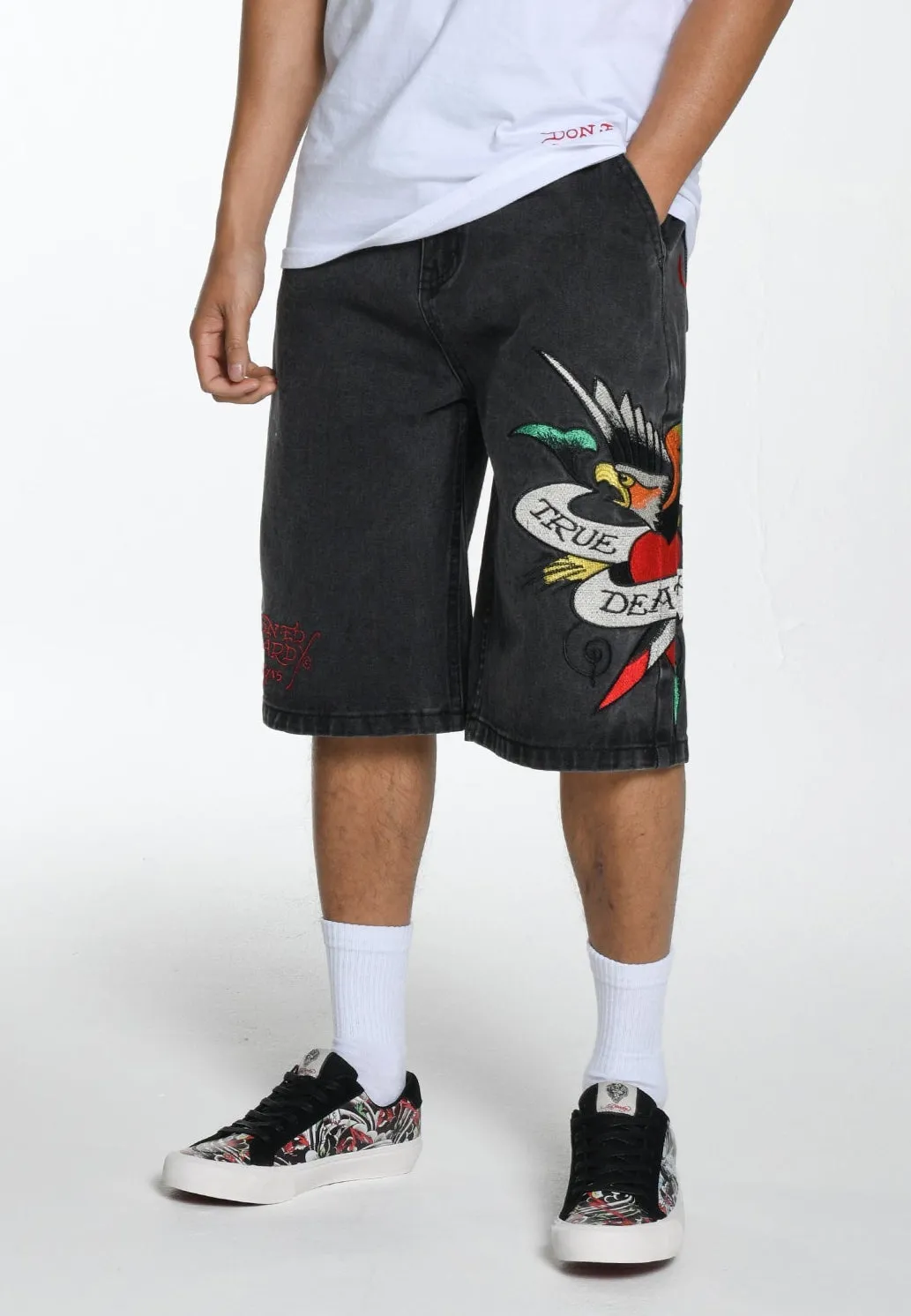 Mens True Till Death Denim Jorts Shorts - Washed Black