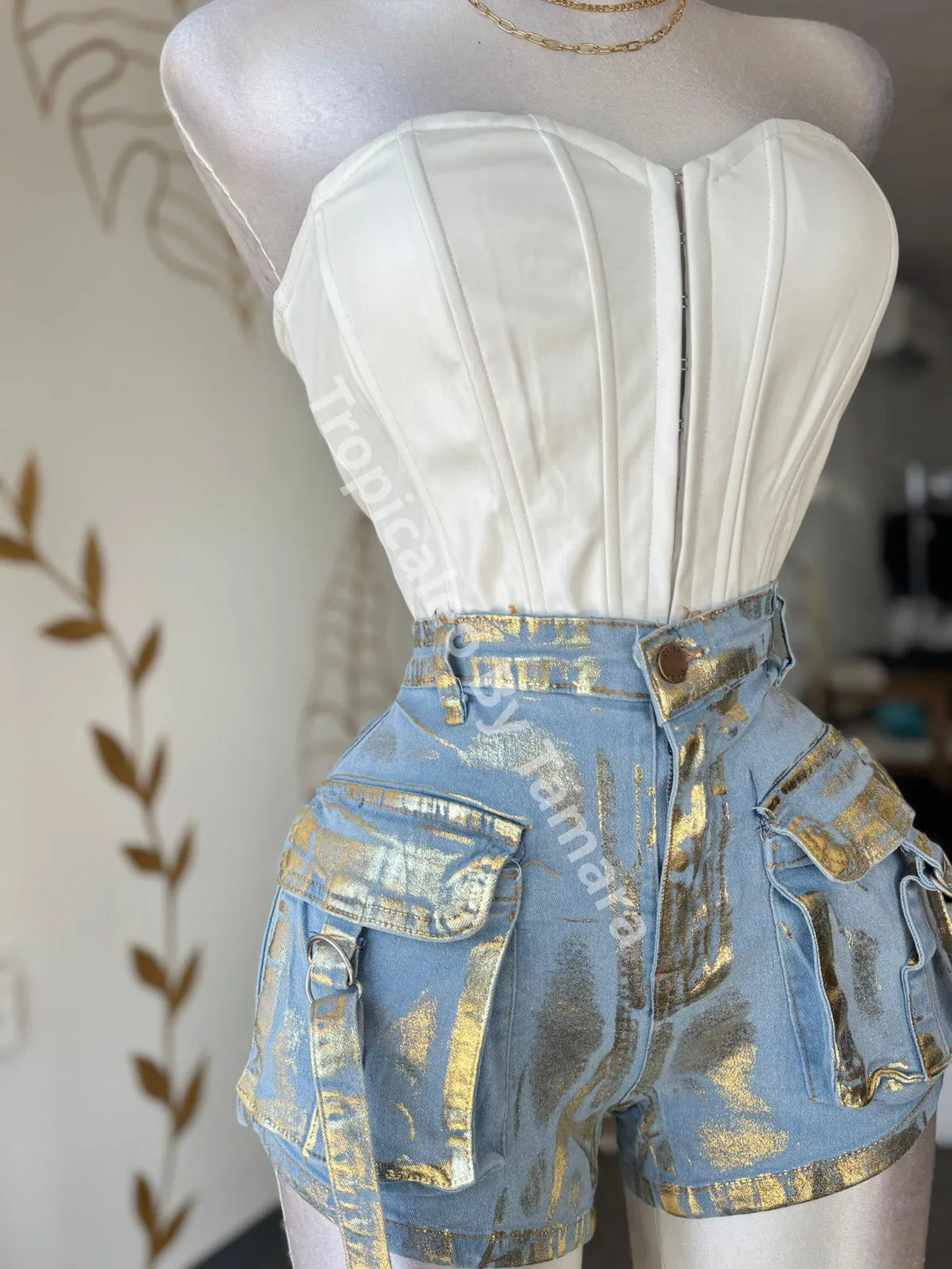 Metallic Cargo Denim Shorts