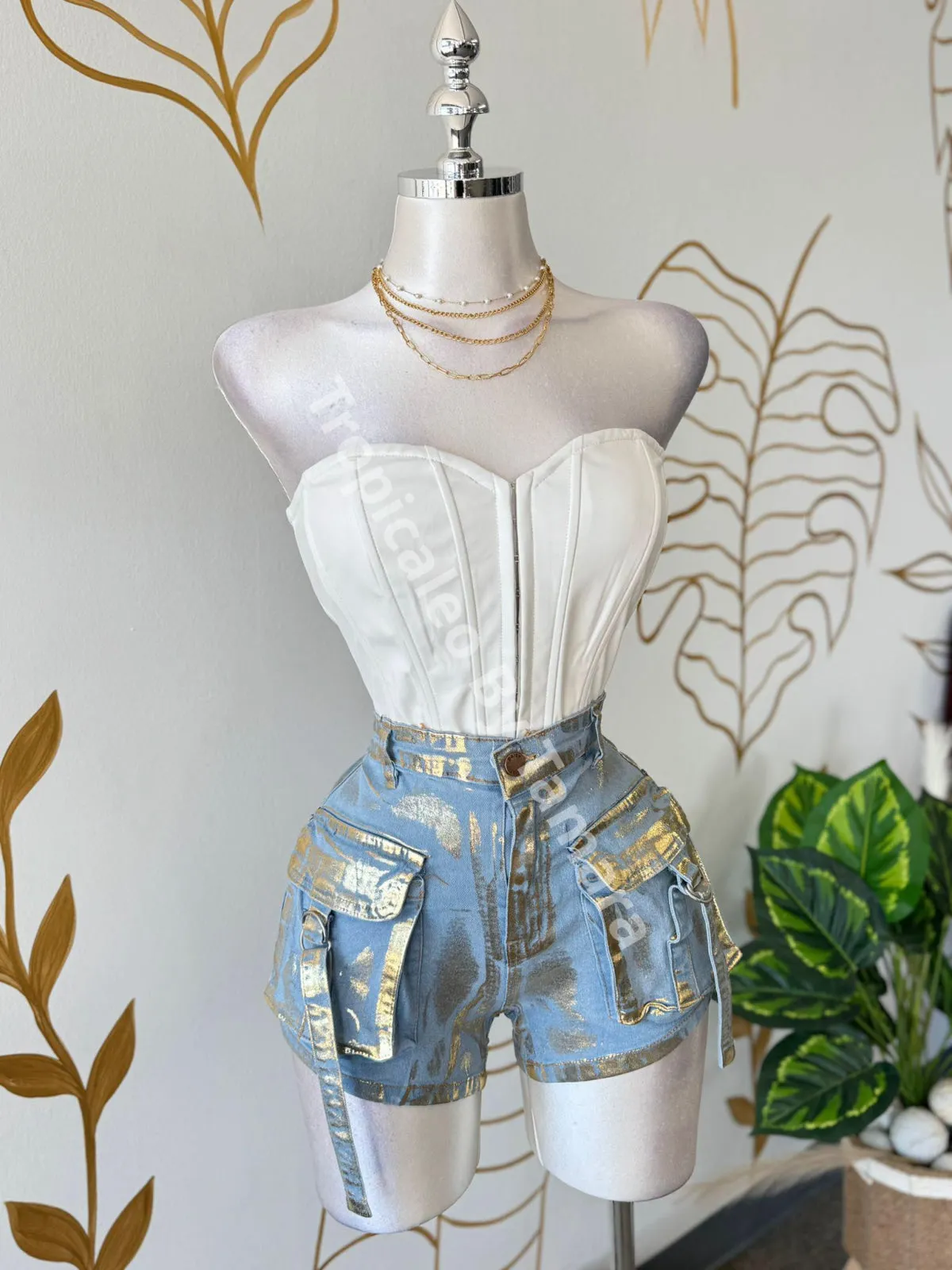 Metallic Cargo Denim Shorts