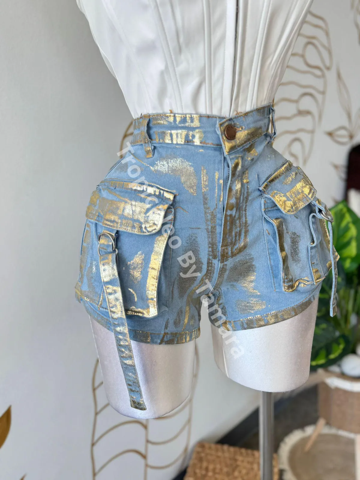 Metallic Cargo Denim Shorts