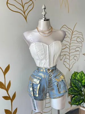 Metallic Cargo Denim Shorts