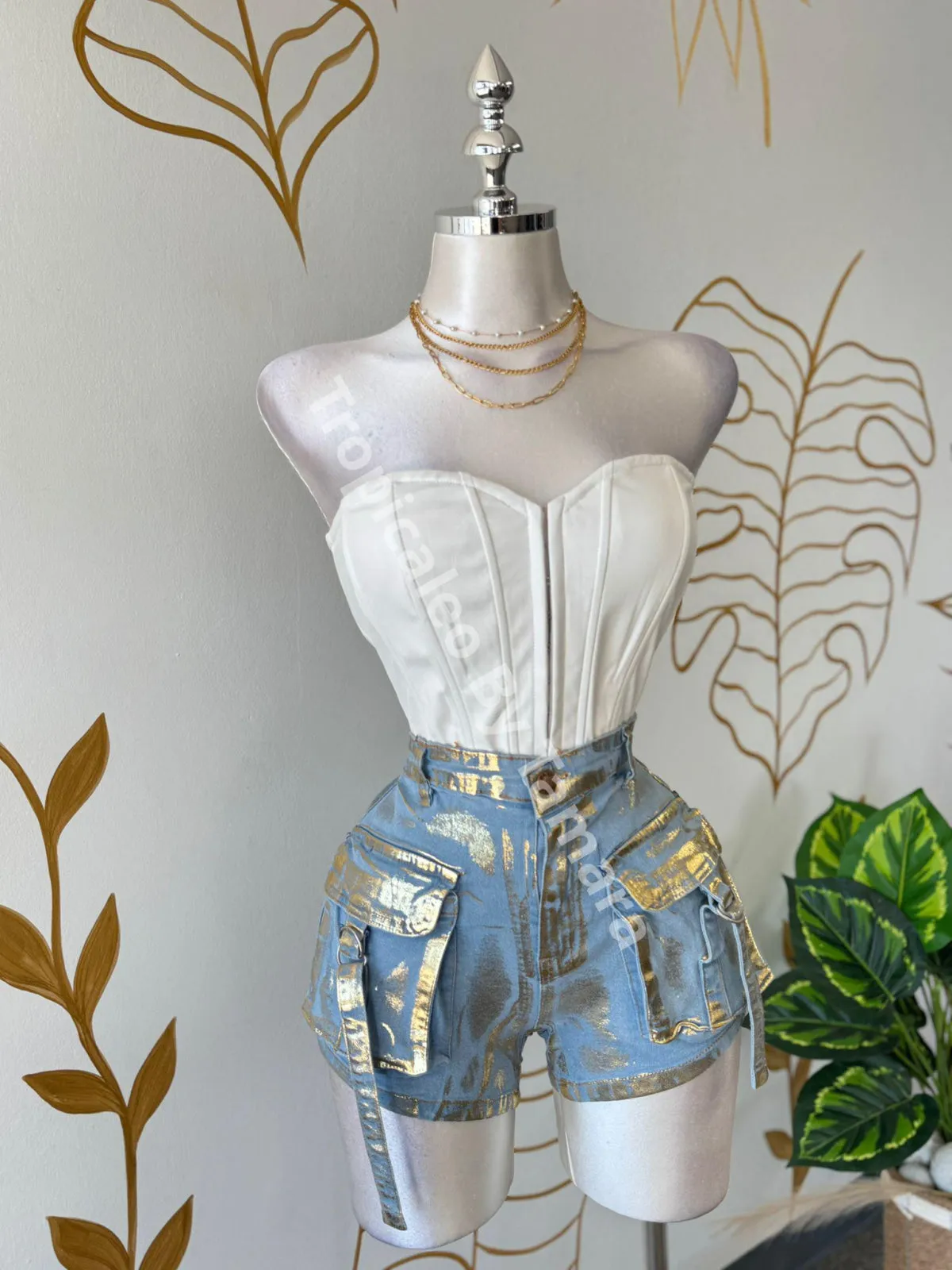 Metallic Cargo Denim Shorts