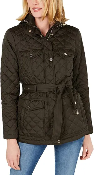 Michael Michael Kors Women's Dark Moss Belted Quilted Coat Size, X-Small