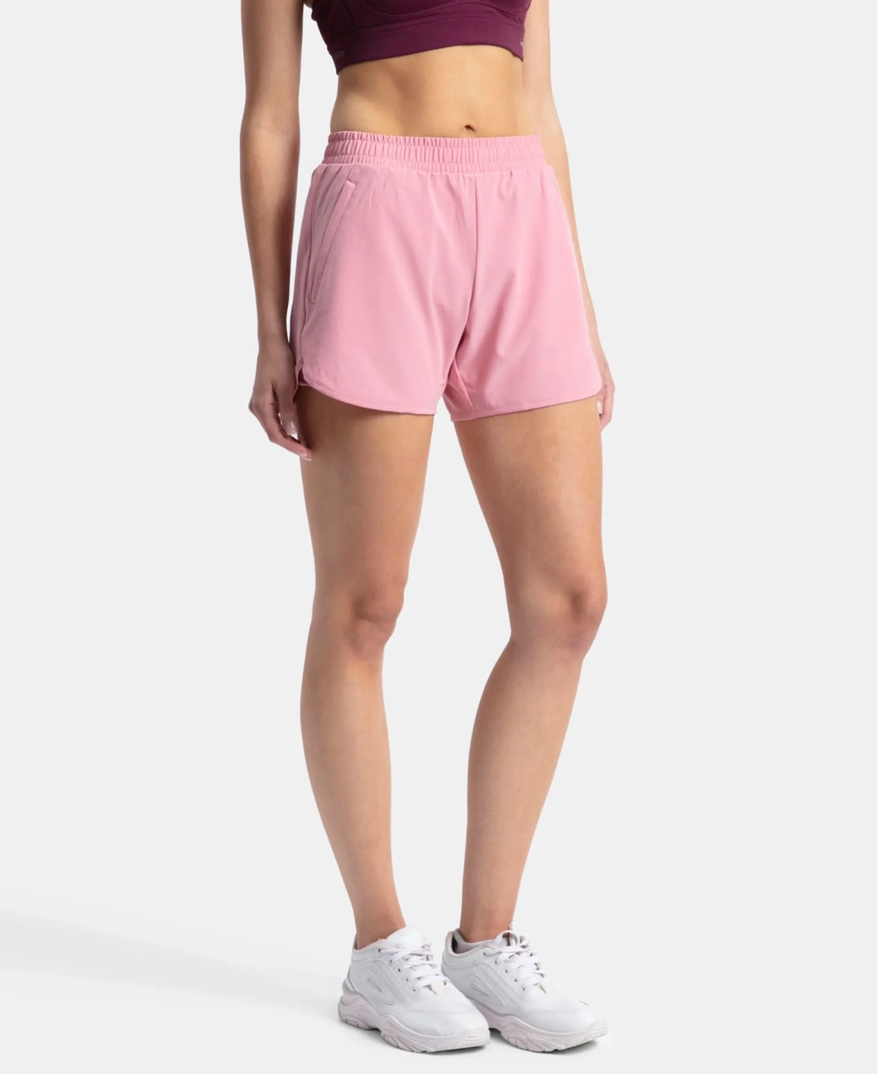 Microfiber Elastane Stretch Double Layered Woven Fabric Regular Fit Shorts with Zipper Pockets - Rose