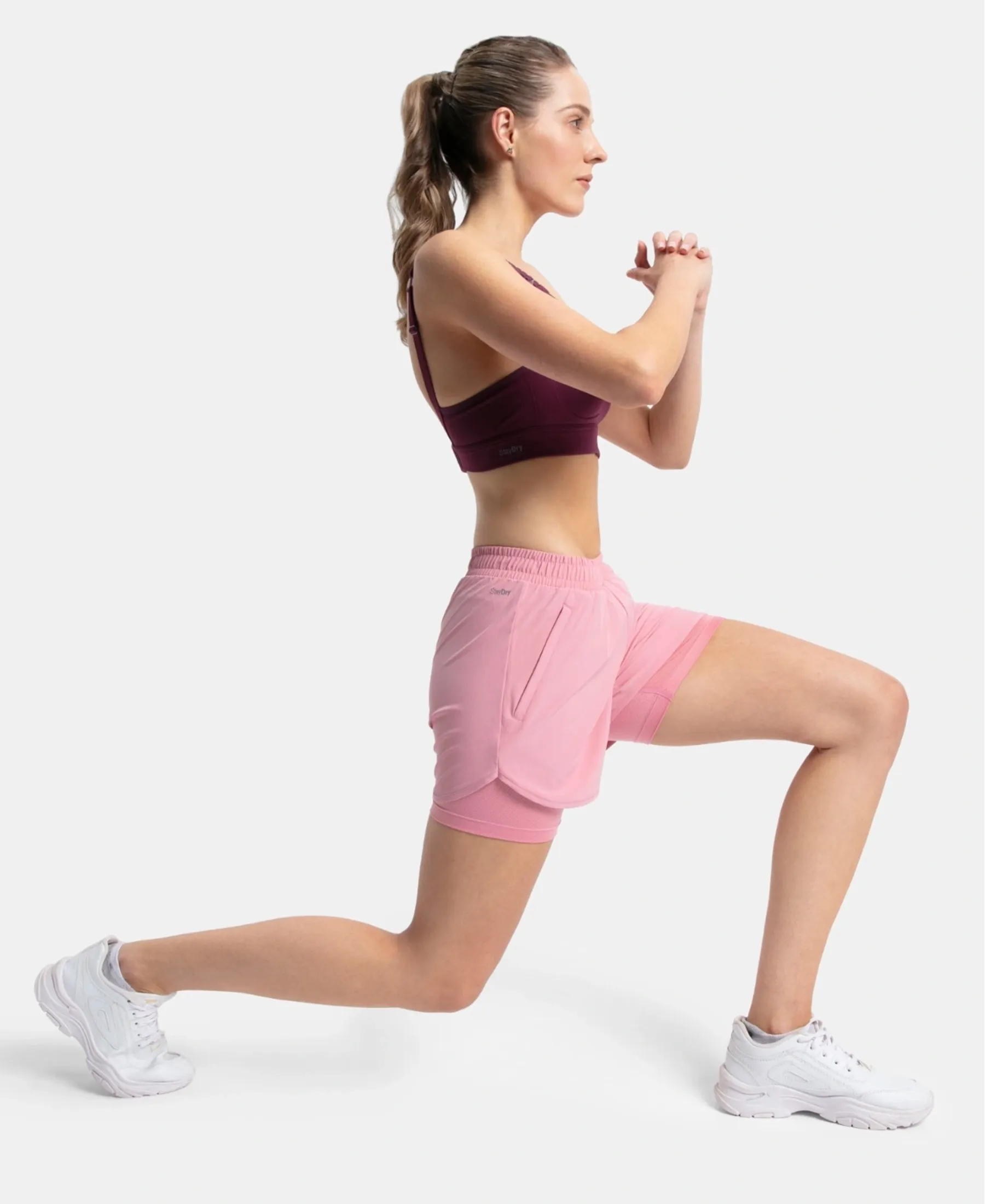 Microfiber Elastane Stretch Double Layered Woven Fabric Regular Fit Shorts with Zipper Pockets - Rose
