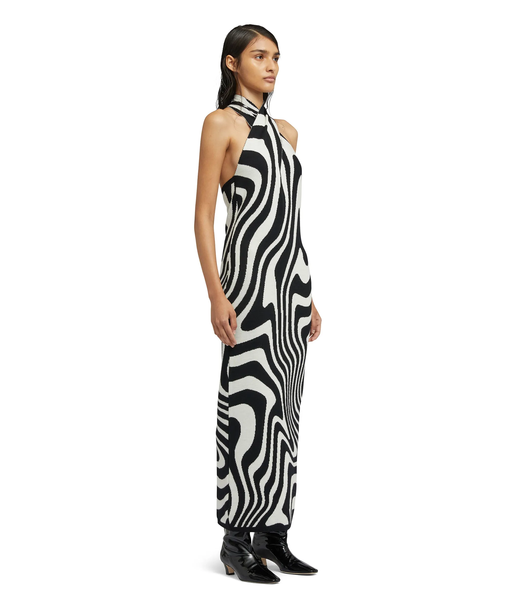Midi dress with "Illusion Waves" print in pure wool